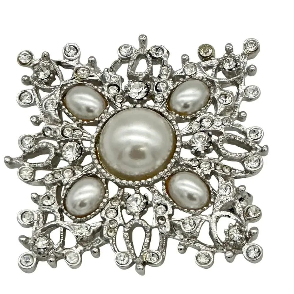 St John Faux Pearl and Rhinestones Silver Tone Brooch Pin Signed Vintage